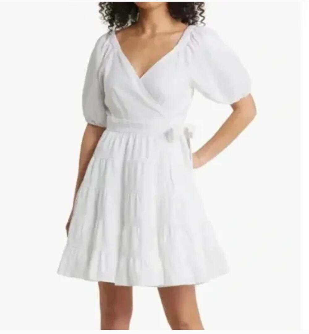 LILLY PULITZER | Iralee White Linen Wrap Tiered Skirt Puff Sleeve Dress | Size 8